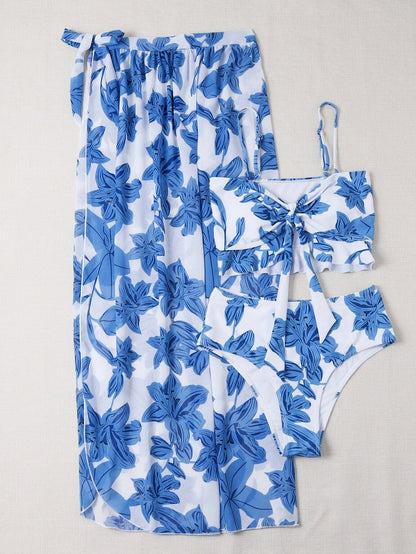 Women's New 3 Pieces Swimsuit Set. Lace Up Bikini Set With Skirt.