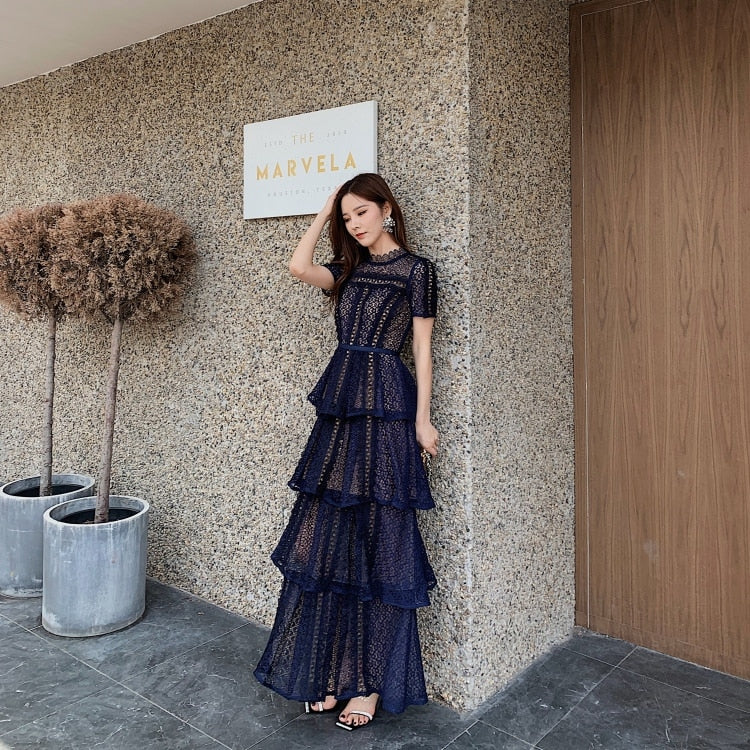 Maxi Dresses for Women 2022 New Summer Dark Blue Exquisite Lace Stitching Short Sleeve Multi-layer Cake Dress Slimming Dress