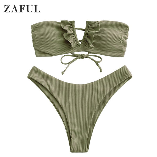 ZAFUL V-wired Ruffle Ribbed High Cut Bikini Swimwear High Cut Strapless Lace Up Removable Padded Women Bathing Suit