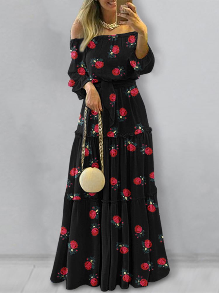 ZANZEA Fashion Off Shoulder Vestidos Female Lace Up Belted Dresses Beach Holiday Ruffle Robe Womens Bohemian Long Maxi Dress