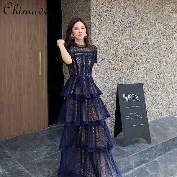 Maxi Dresses for Women 2022 New Summer Dark Blue Exquisite Lace Stitching Short Sleeve Multi-layer Cake Dress Slimming Dress