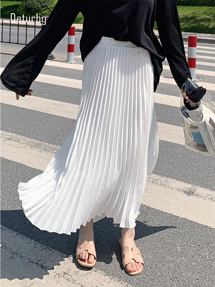 Womens Fashion Pleated Midi Long Skirt Female Korean Japanese Casual High Waist Skirts Jupe Faldas 10 Colors 2021 Spring SK295