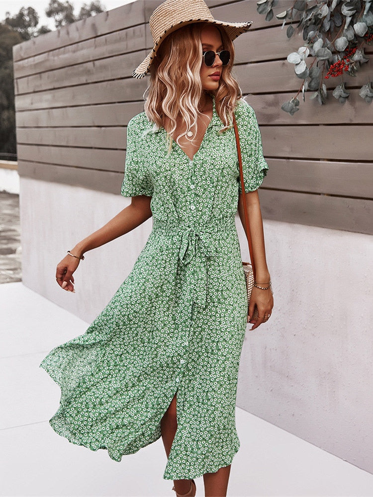 Spring Summer Ladies Bandage Dress Women Casual Medium Long Sleeve Button Floral Print Holiday Style Chic Dress Female 2022 New