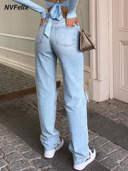 Womens Loose Fit Jeans 2022 Ripped Wide Leg For Women High Waist Blue Wash Casual Cotton Denim Trousers Summer Baggy Jean Pants