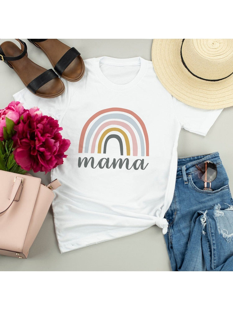 Rainbow Mama Print Graphic Women Short Sleeve T Shirts Harajuku Mom Life Tees Vintage Streetwear T-shirt Camisetas Mujer Hipster