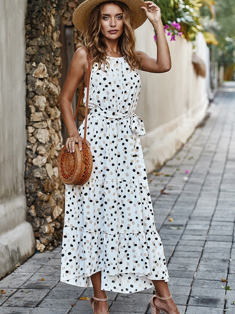 Ladies Summer Polka-Dot Long  Beach Dress, Strapless Casual White Midi Sundress.