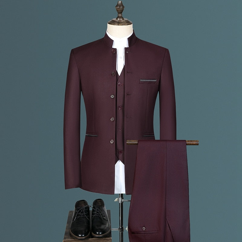Stand Collar Men Blazer Pants Vest Business Men&#39;s Wedding Suit Jacket Coat Trousers Waistcoat High Quality Slim Vest Dress Set