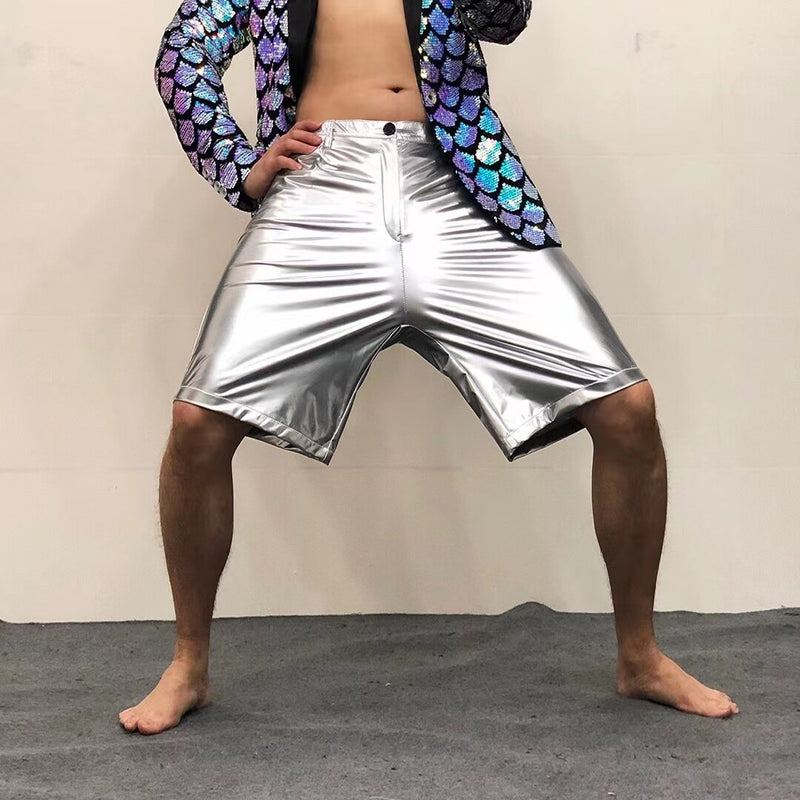 Glossy Hologram Colorful Half Shorts Boy's Man's  Chic Yuppie Stage Show Trousers Music Festival Hip Hop Dance Singers Elastic