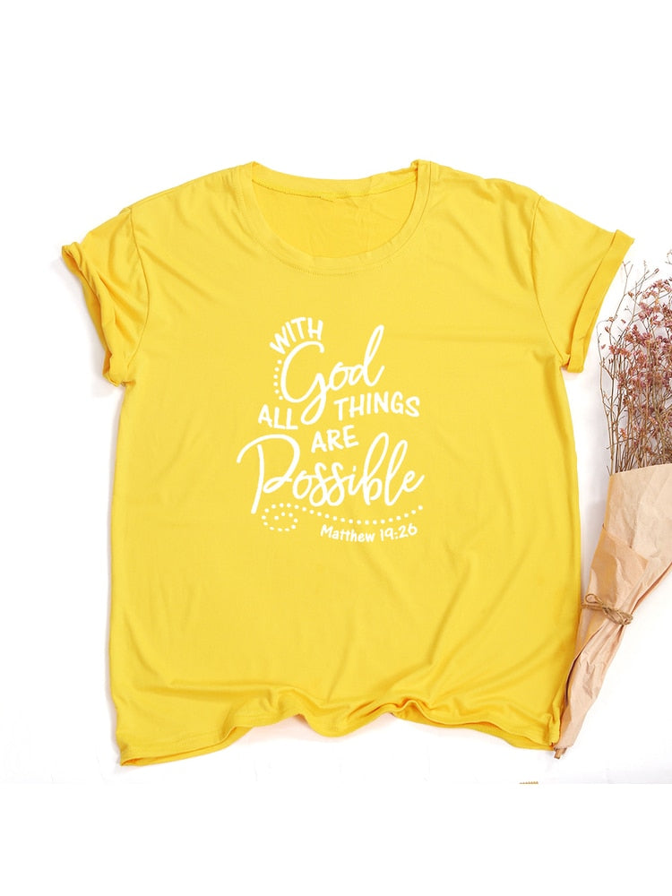 With God All Things Are Possible Print Women Christian T Shirt Religious Graphic Tees Faith Female Tops Summer Clothes Camisetas