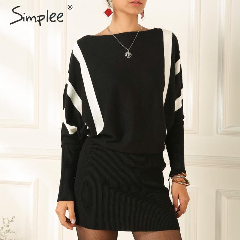 Simplee Streetwear stripped knitted dress Elegant sheath batwing long sleeve dress Casual office lady chic short party dress
