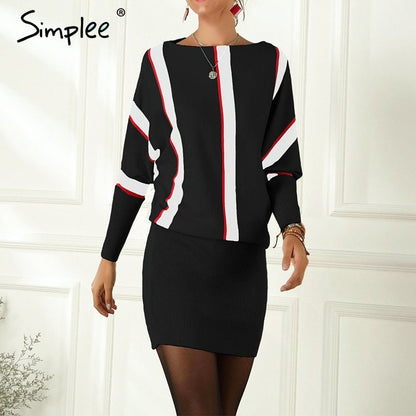 Simplee Streetwear stripped knitted dress Elegant sheath batwing long sleeve dress Casual office lady chic short party dress
