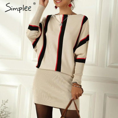 Simplee Streetwear stripped knitted dress Elegant sheath batwing long sleeve dress Casual office lady chic short party dress