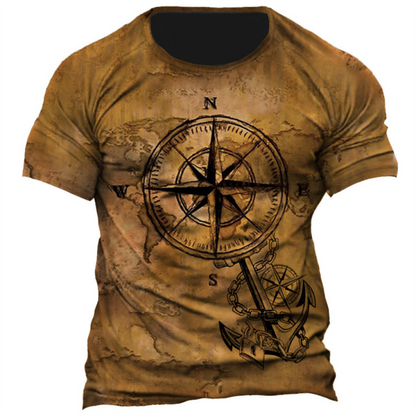 Summer Male T-shirt 3d Compass Vintage Print Short Sleeve
