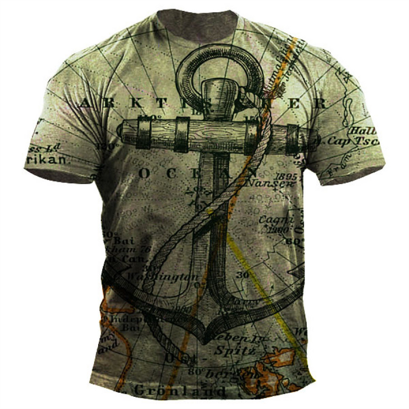 Summer Male T-shirt 3d Compass Vintage Print Short Sleeve