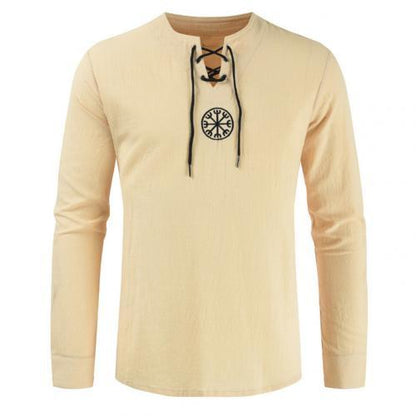 Men's Shirt Top Ancient Viking Embroidery Lace Up V Neck Long Sleeve Shirt Top For Men