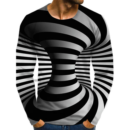Men's Optical Illusion Graphic Plus Size T-Shirt, Long Sleeve, Around Neck Rainbow Streetwear.