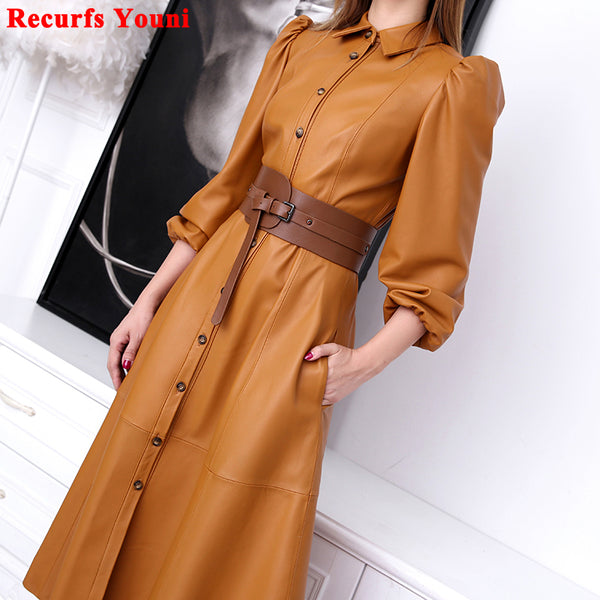 Women's Genuine Leather Skirt With Belt, Single-Breasted Jacket