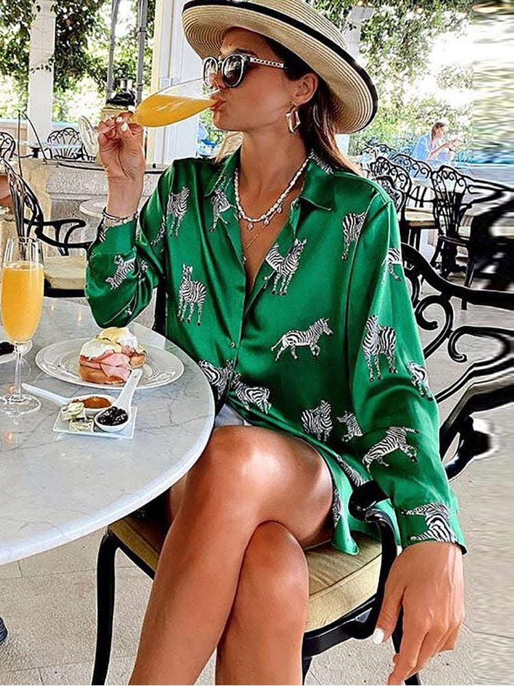 Women's satin blouse long sleeve zebra print shirts vintage office ladies tops