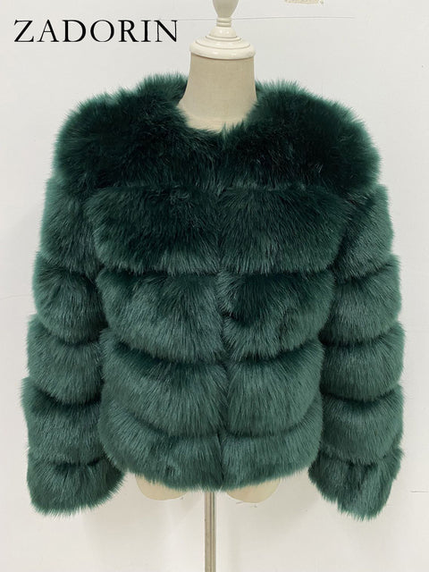 Ladies Jacket. ZADORIN - Long Sleeve, Faux Fox Fur Coat.