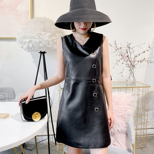 Winter Autumn Ladies Real Leather Sleeveless Vest A-Line Dresses.