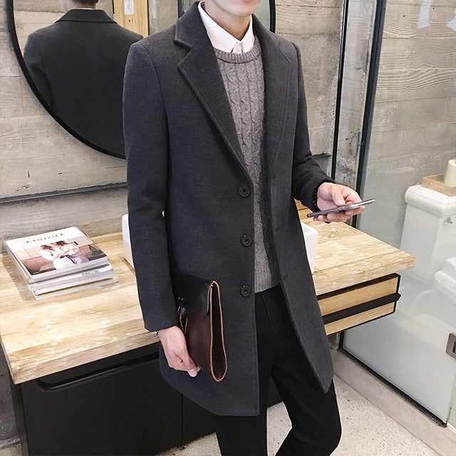 Men's Wool Blends Casual Business Trench Coat.